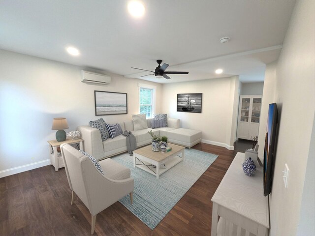 living room featuring dark hardwood / wood-style flooring, ceiling fan, and a wall mounted air conditioner