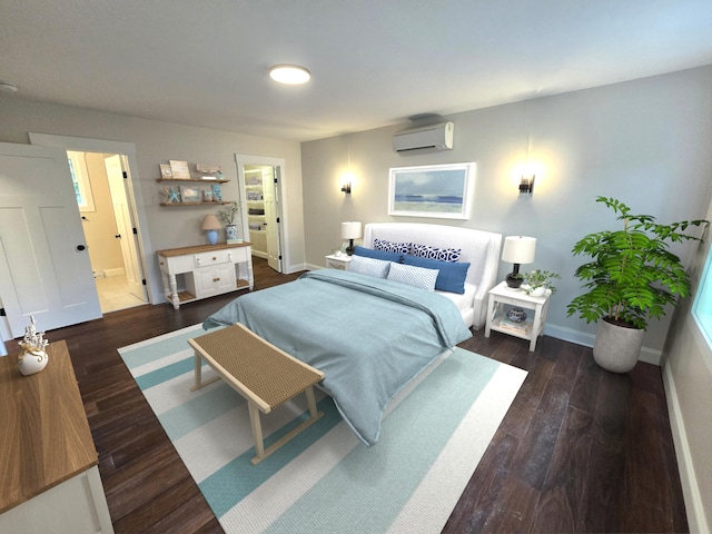 bedroom with a wall mounted air conditioner, wood finished floors, and baseboards