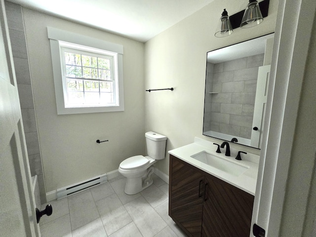 full bath with baseboards, a shower, toilet, a baseboard radiator, and vanity