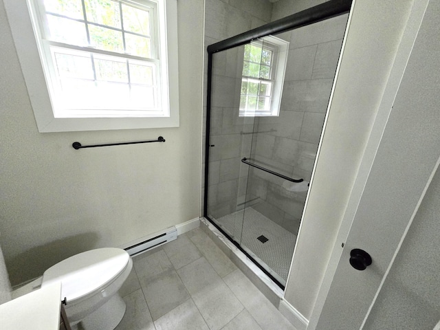 full bathroom with a stall shower, a baseboard radiator, baseboards, and toilet