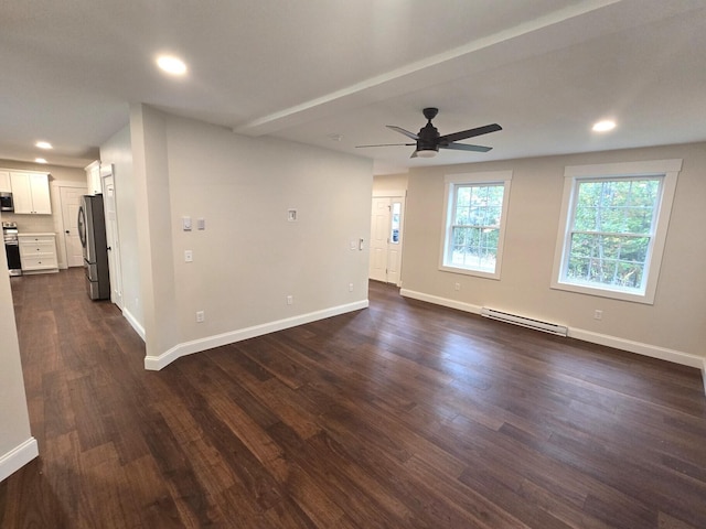 unfurnished living room with baseboards, ceiling fan, dark wood-type flooring, baseboard heating, and recessed lighting