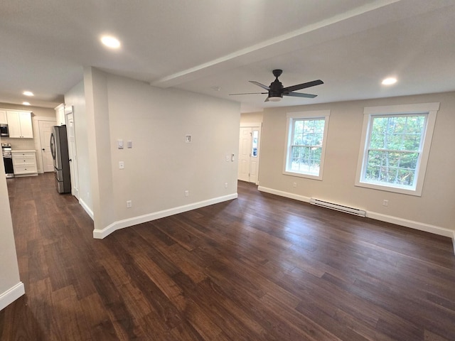 unfurnished living room featuring baseboard heating, dark wood finished floors, a ceiling fan, baseboards, and recessed lighting