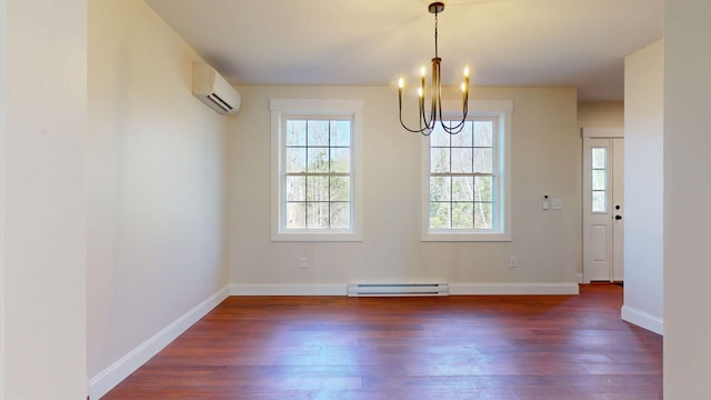 12 Country Dr, Old Orchard Beach, ME 04064 - unfurnished dining area with a baseboard heating unit, an AC wall unit, a chandelier, and dark wood finished floors