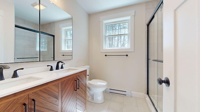 12 Country Dr, Old Orchard Beach, ME 04064 - bathroom with a baseboard radiator, a shower stall, toilet, and healthy amount of natural light
