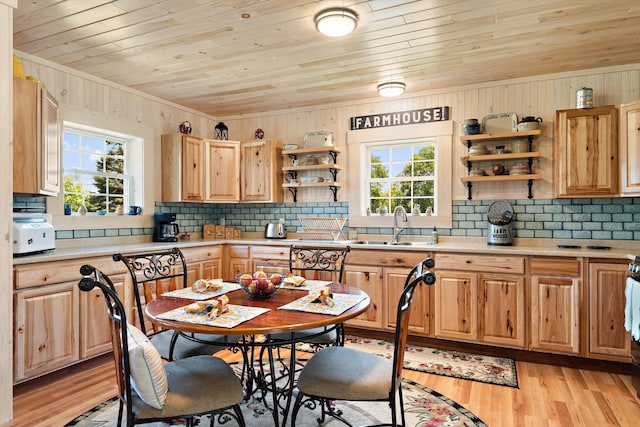 kitchen featuring wood ceiling, a wealth of natural light, sink, and light wood-type flooring