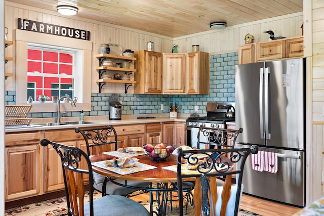 kitchen with sink, appliances with stainless steel finishes, and wood ceiling