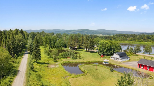 drone / aerial view with a water and mountain view