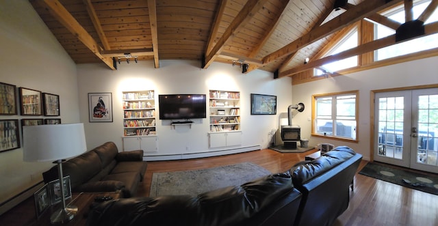 living room featuring hardwood / wood-style flooring, wood ceiling, a wood stove, french doors, and a baseboard radiator