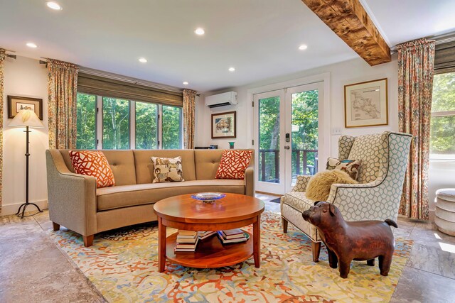 226 Graytown Rd, Sedgwick, ME 04676 - living room featuring french doors, a wall unit AC, recessed lighting, and beam ceiling