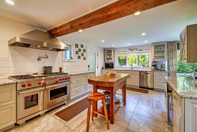 226 Graytown Rd, Sedgwick, ME 04676 - kitchen featuring beam ceiling, a sink, tasteful backsplash, appliances with stainless steel finishes, and wall chimney range hood