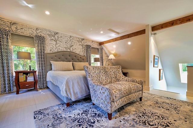 226 Graytown Rd, Sedgwick, ME 04676 - tiled bedroom featuring wallpapered walls, lofted ceiling with beams, attic access, and recessed lighting