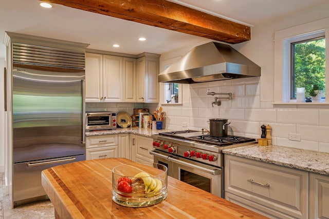 226 Graytown Rd, Sedgwick, ME 04676 - kitchen featuring island range hood, decorative backsplash, wooden counters, beam ceiling, and premium appliances
