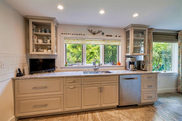 226 Graytown Rd, Sedgwick, ME 04676 - kitchen featuring a sink, light stone counters, recessed lighting, and dishwasher