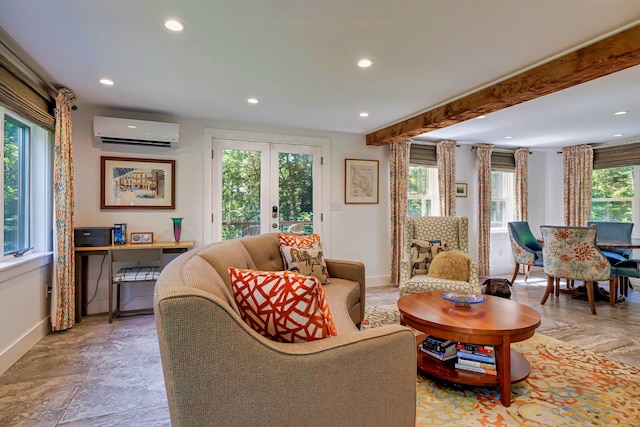 226 Graytown Rd, Sedgwick, ME 04676 - living area with a wall unit AC, baseboards, beamed ceiling, and recessed lighting