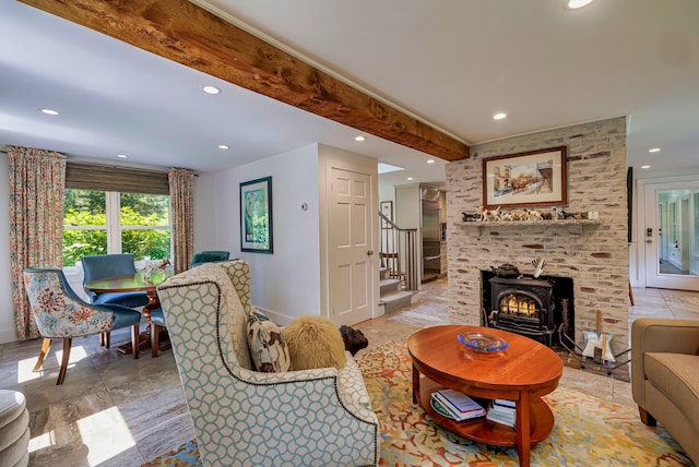 226 Graytown Rd, Sedgwick, ME 04676 - living area with baseboards, beamed ceiling, stairway, and recessed lighting