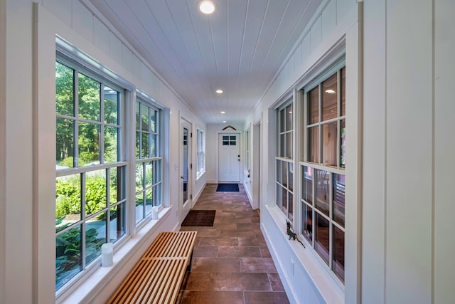 226 Graytown Rd, Sedgwick, ME 04676 - hallway featuring a healthy amount of sunlight, recessed lighting, and wood ceiling