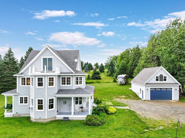 view of front of home with a porch, a garage, an outdoor structure, and a front lawn