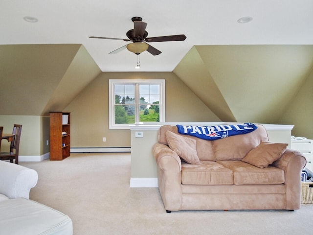 living room with baseboard heating, ceiling fan, light colored carpet, and vaulted ceiling