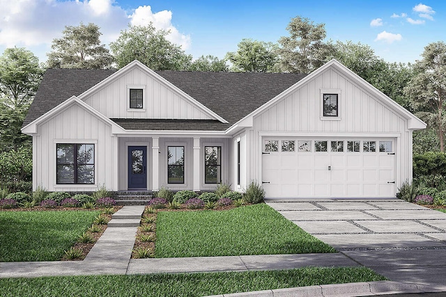 modern inspired farmhouse with a front yard and a garage