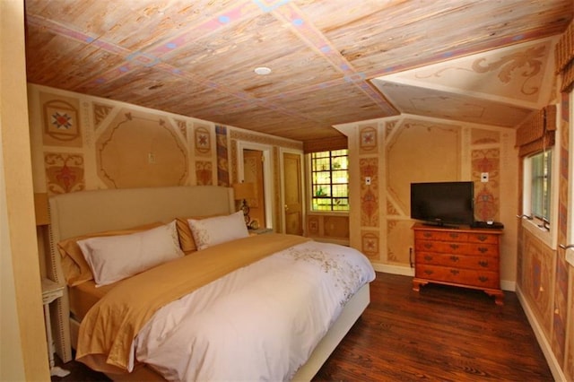 bedroom with dark hardwood / wood-style floors and wooden ceiling