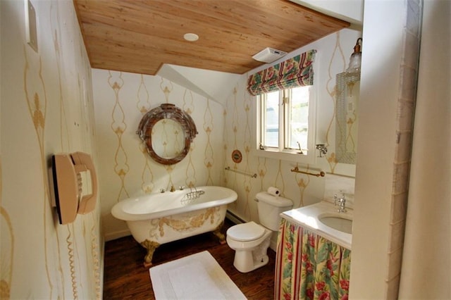 bathroom with lofted ceiling, hardwood / wood-style floors, a bathtub, and wooden ceiling