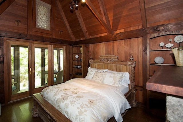 bedroom with wooden walls, wooden ceiling, dark hardwood / wood-style floors, access to exterior, and vaulted ceiling with beams