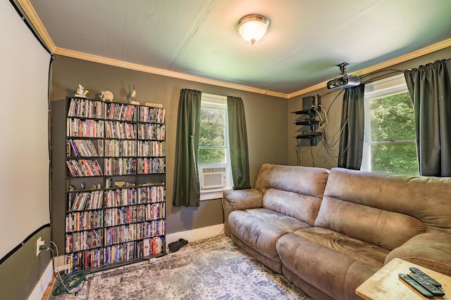 living room featuring crown molding