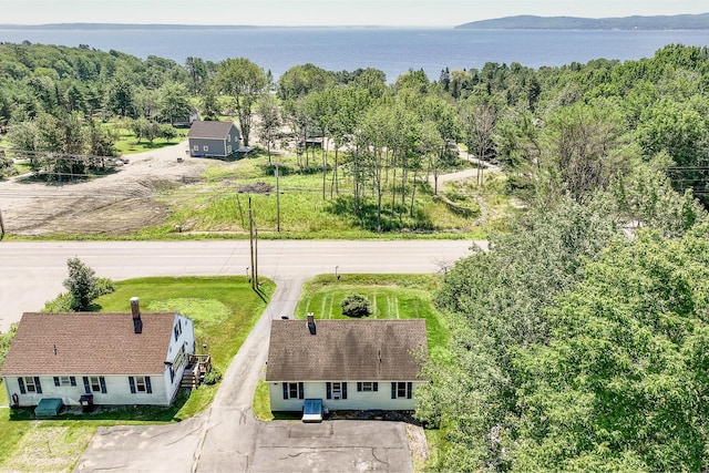 bird's eye view with a water view