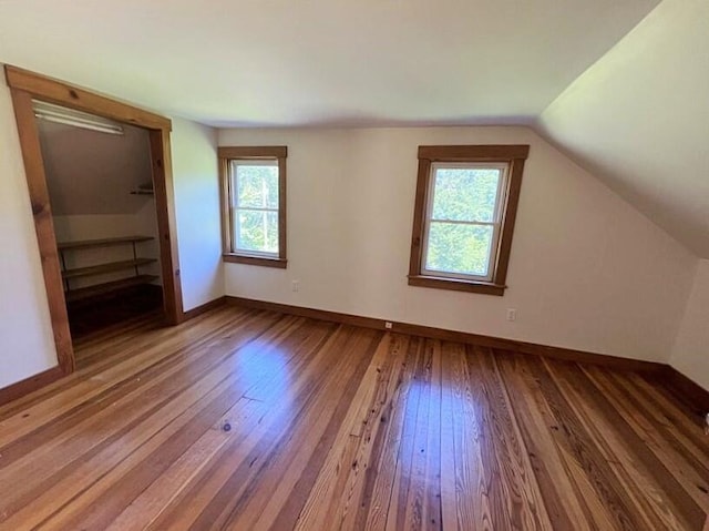 bonus room featuring a wealth of natural light, lofted ceiling, and wood-type flooring