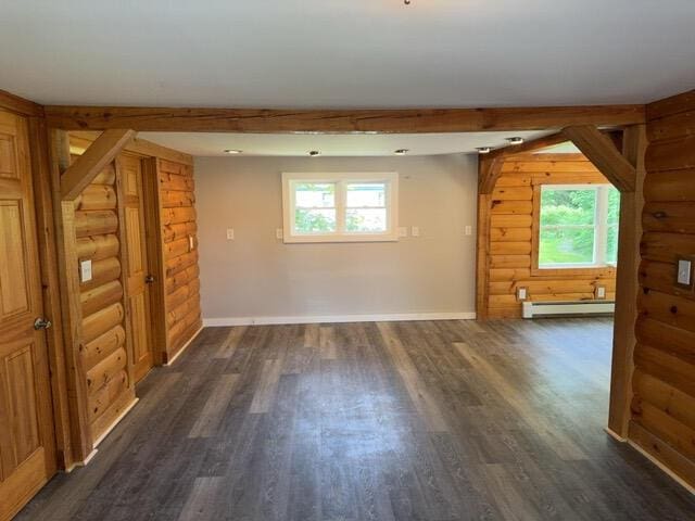 unfurnished room with beam ceiling, dark hardwood / wood-style flooring, log walls, and a baseboard heating unit