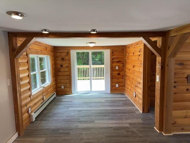 interior space featuring dark hardwood / wood-style flooring, a baseboard heating unit, log walls, and beam ceiling