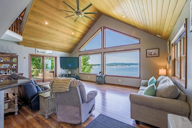 living room with high vaulted ceiling, wooden ceiling, wood finished floors, and recessed lighting