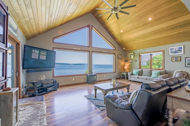 living room with baseboards, wood ceiling, high vaulted ceiling, and wood finished floors