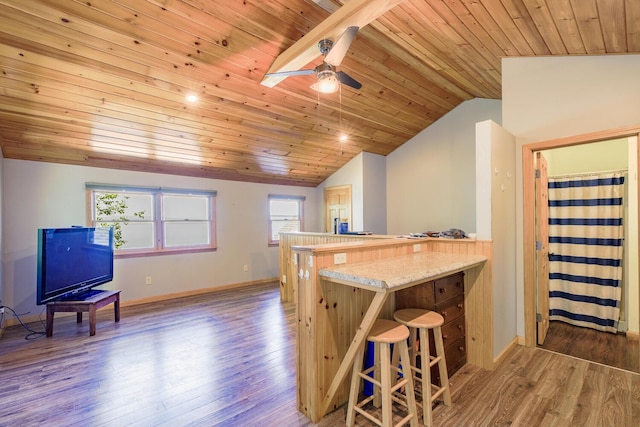 kitchen with a healthy amount of sunlight, a peninsula, vaulted ceiling, and wood finished floors