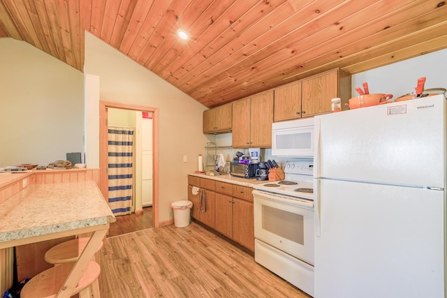 kitchen with lofted ceiling, light countertops, light wood-style floors, wood ceiling, and white appliances