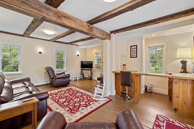 living room with hardwood / wood-style flooring, beamed ceiling, and a baseboard radiator