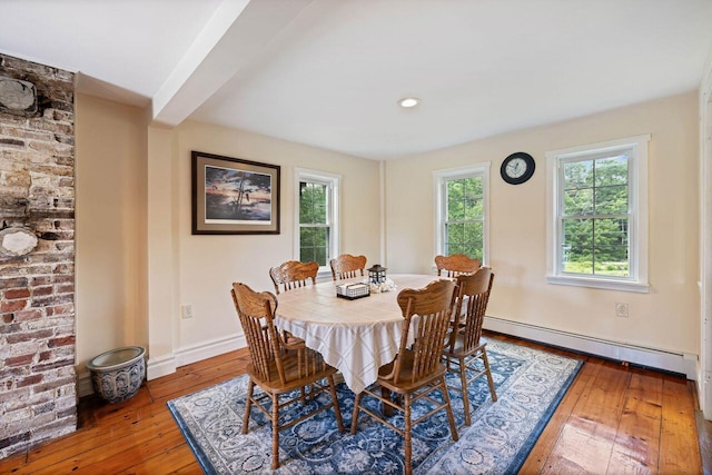 dining area featuring hardwood / wood-style flooring and baseboard heating