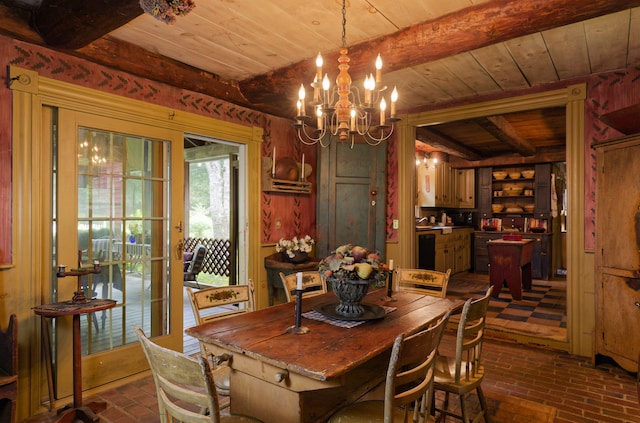 dining room with beamed ceiling, a notable chandelier, and wood ceiling