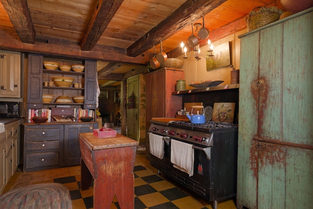 kitchen with wood ceiling, decorative light fixtures, range with two ovens, beamed ceiling, and a kitchen island