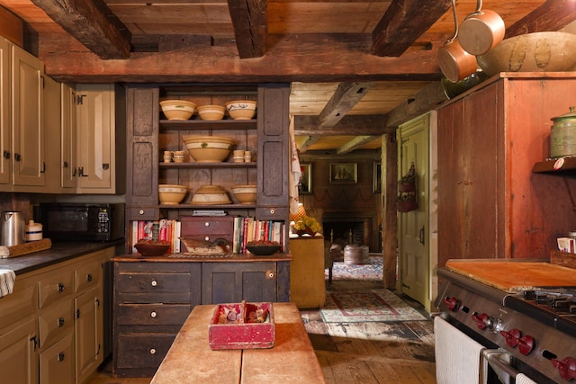 interior space featuring beamed ceiling, wooden ceiling, and dark hardwood / wood-style floors