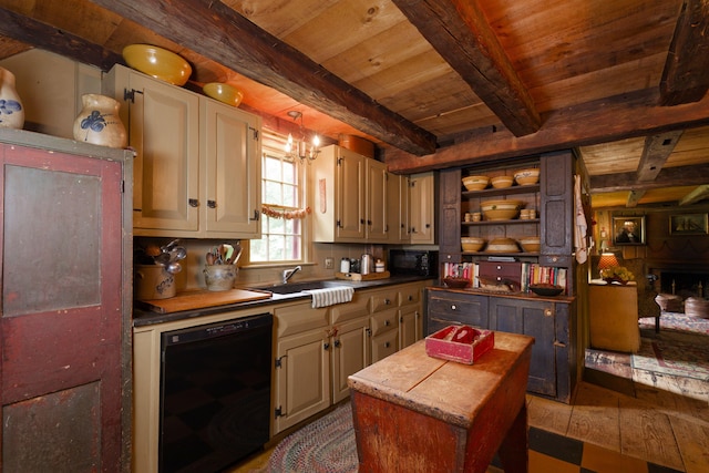 kitchen featuring wooden ceiling, black appliances, sink, a kitchen island, and beam ceiling