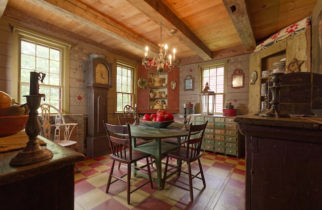 dining area featuring beamed ceiling, wooden ceiling, and a chandelier