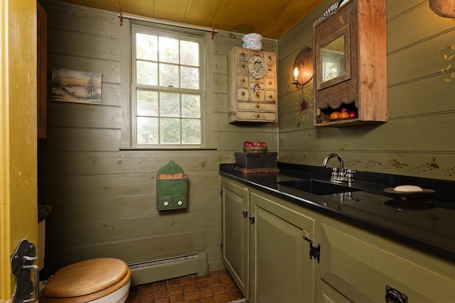 interior space with wood ceiling, baseboard heating, wooden walls, and sink