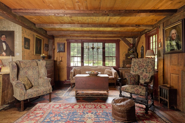 sitting room featuring wood walls, beamed ceiling, wooden ceiling, and a notable chandelier