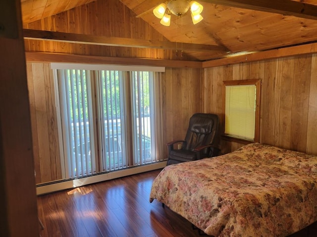 bedroom featuring wooden ceiling, ceiling fan, dark hardwood / wood-style floors, baseboard heating, and vaulted ceiling with beams