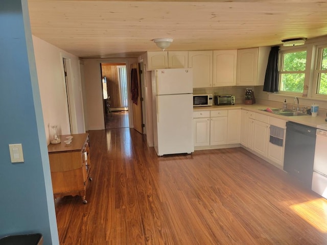 kitchen with wood-type flooring, sink, white appliances, wood ceiling, and white cabinets