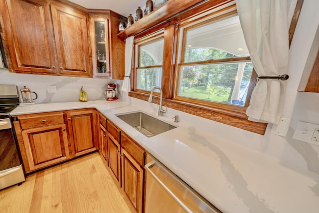 kitchen with sink, dishwasher, light hardwood / wood-style flooring, and stainless steel range with electric cooktop