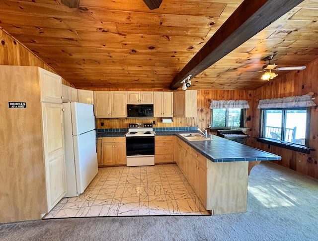 kitchen featuring white fridge, electric range oven, lofted ceiling with beams, sink, and wood ceiling