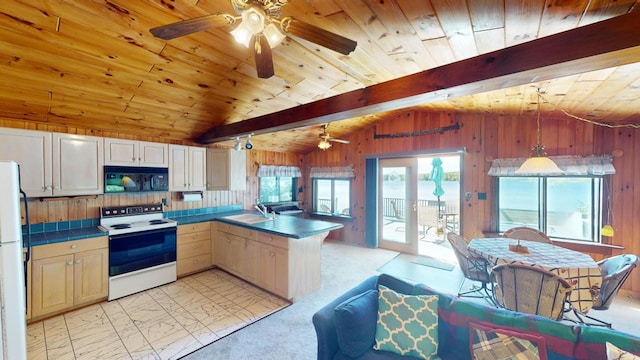 kitchen with vaulted ceiling with beams, kitchen peninsula, sink, white appliances, and wood ceiling