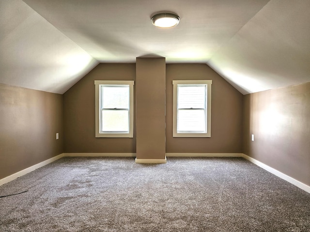 additional living space featuring carpet floors, a healthy amount of sunlight, and lofted ceiling